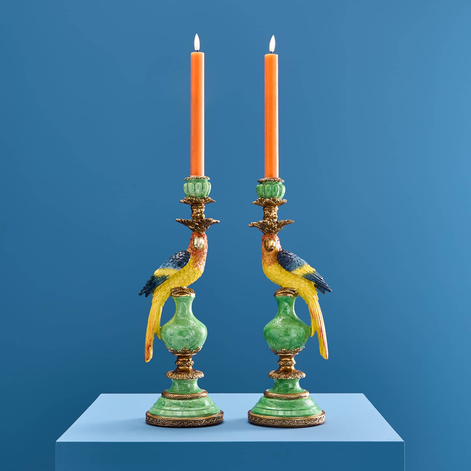 Set of 2 parrot candle holders, green-blue-yellow
