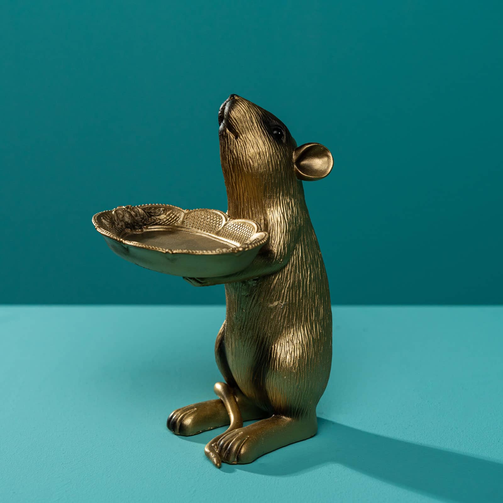 Figura decorativa de rata Rudi Rat con cuenco, dorado