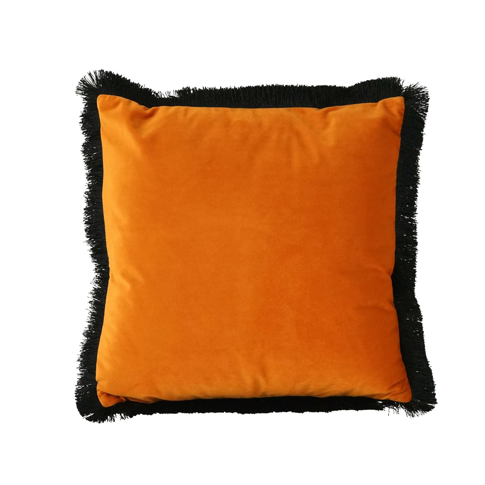 Samtkissen Velvet Cushion, orange-schwarz, Polyester, 45x45 cm, mit schwarzen Fransen, inklusive Füllung