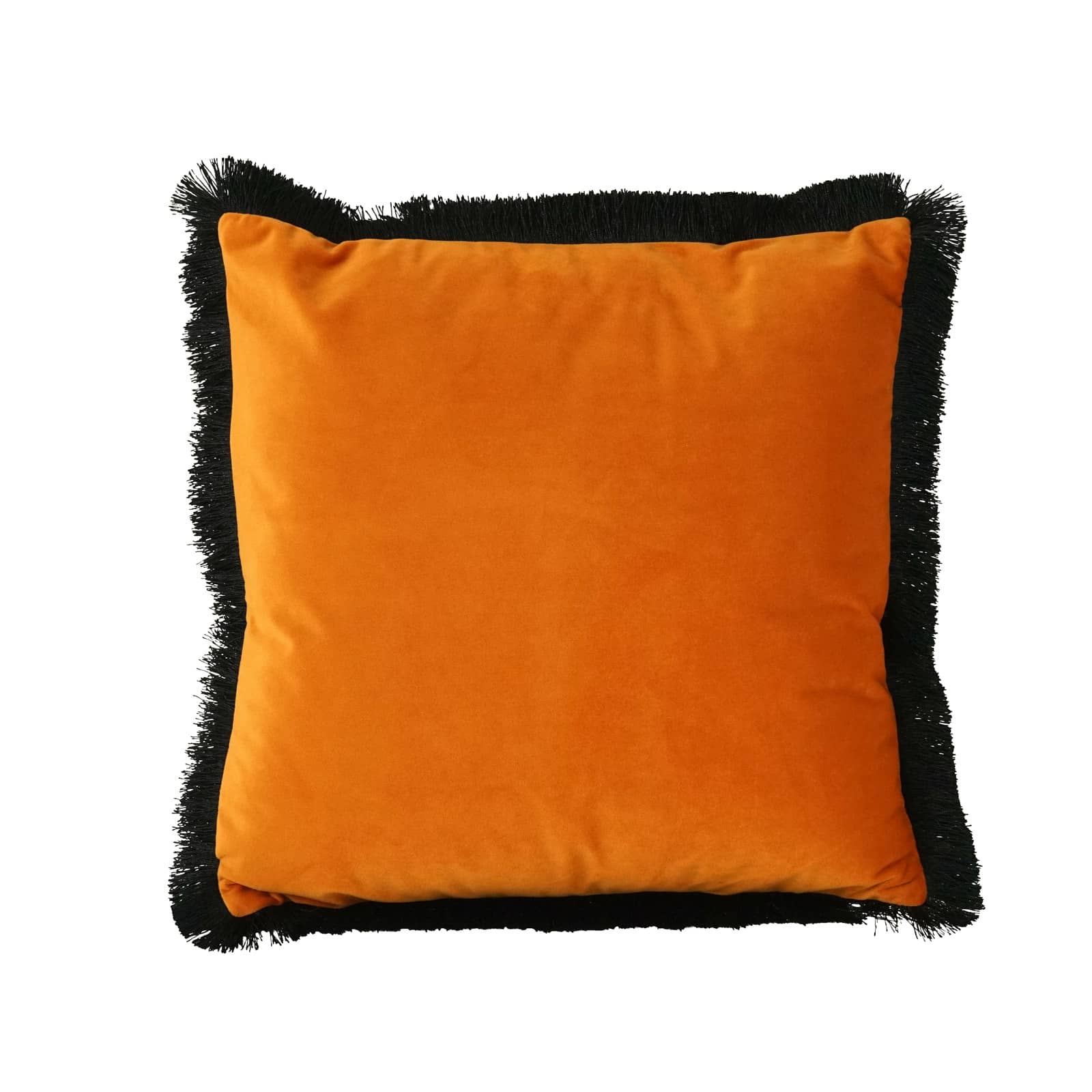 Velvet Cushion, orange-black, polyester, 45x45 cm, with black fringes, including filling