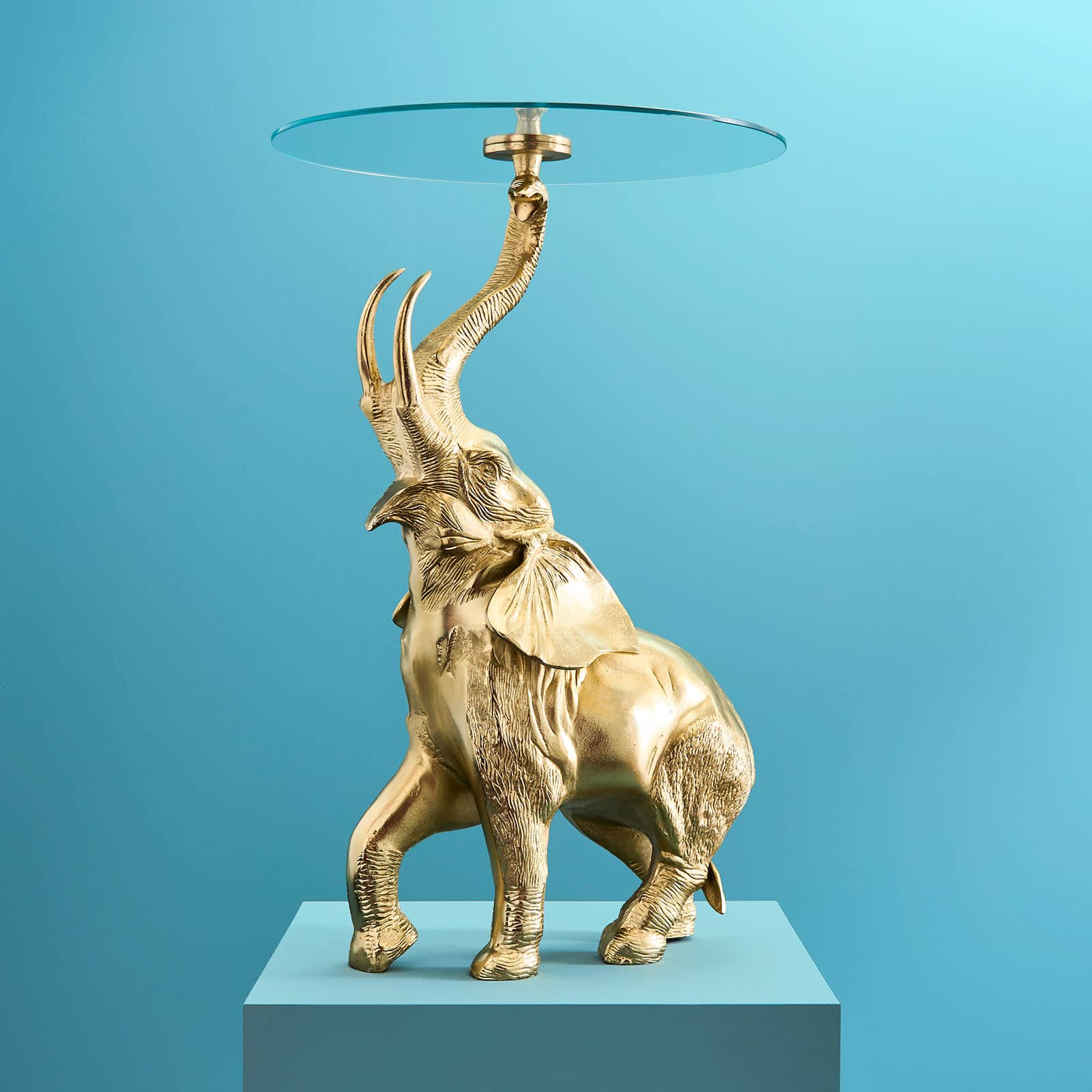 Side table elephant Kimba, gold, aluminium/glass, 46x72 cm