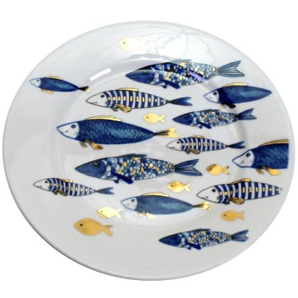 Set of 6 dessert plates Blue Fish, gold plating, New Bone, D. 20.5 cm