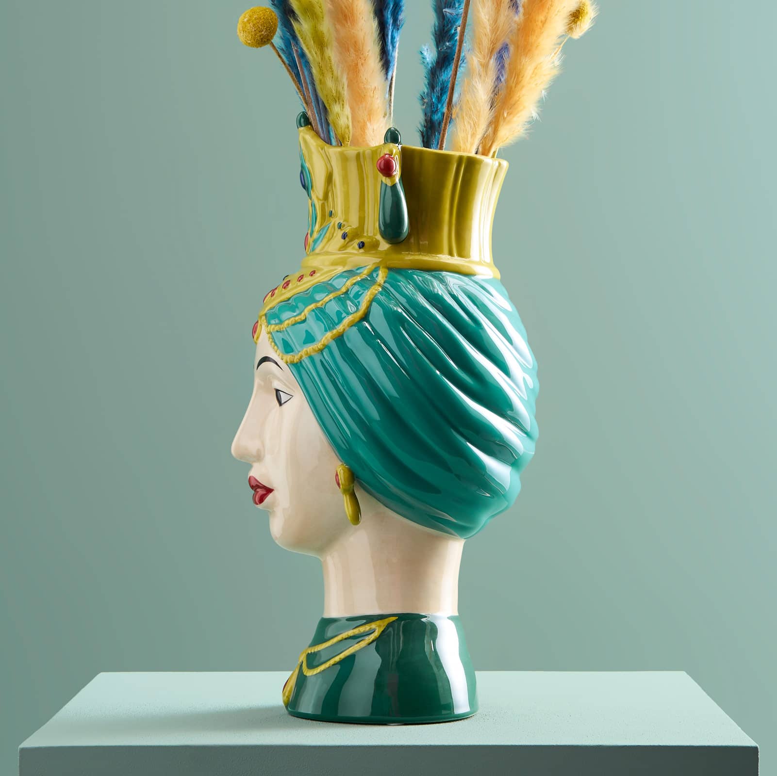 Busto siciliano di donna / vaso decorativo Estefania, verde-giallo, dipinto a mano