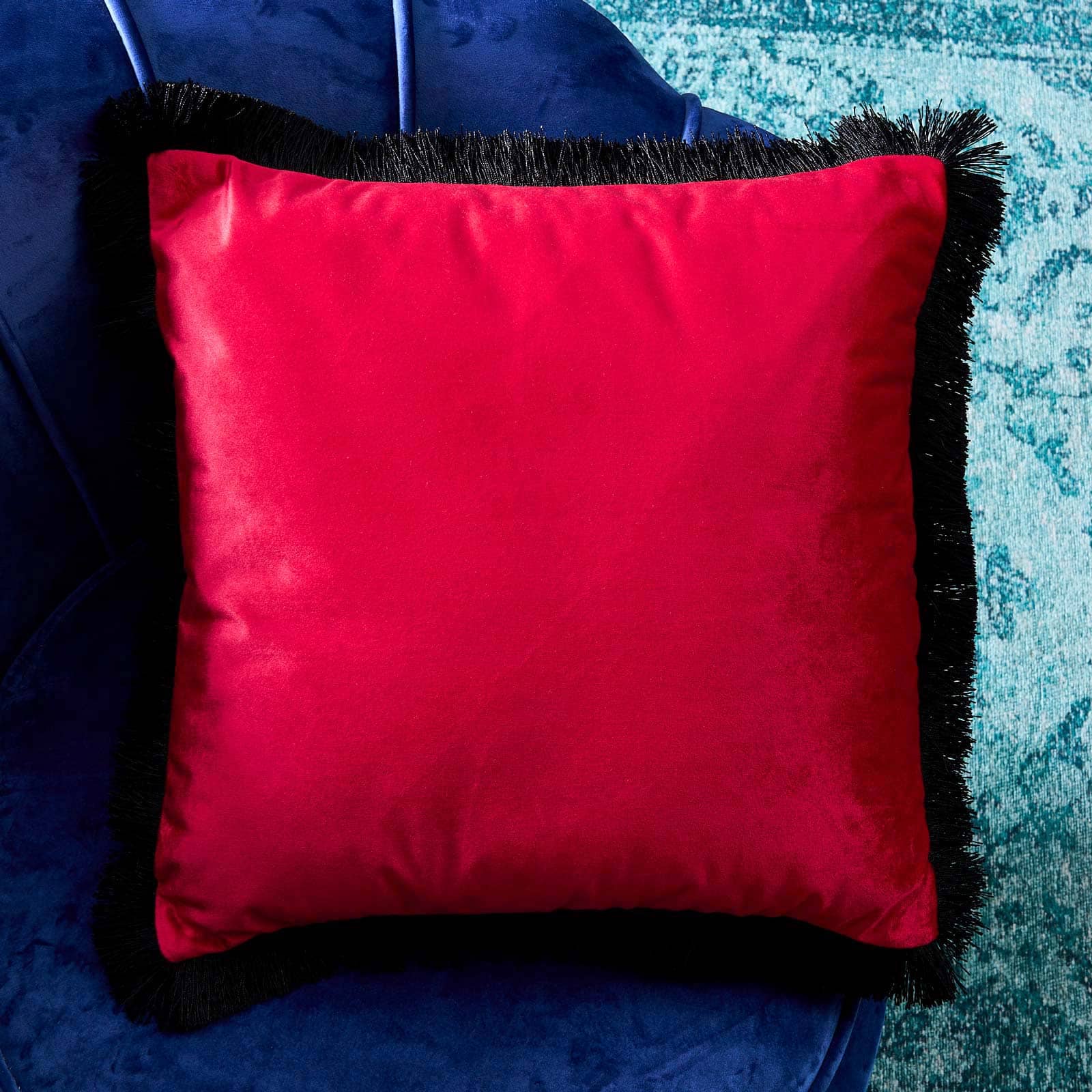 Velvet Cushion, pink-black, polyester, 45x45 cm, with black fringes, including filling