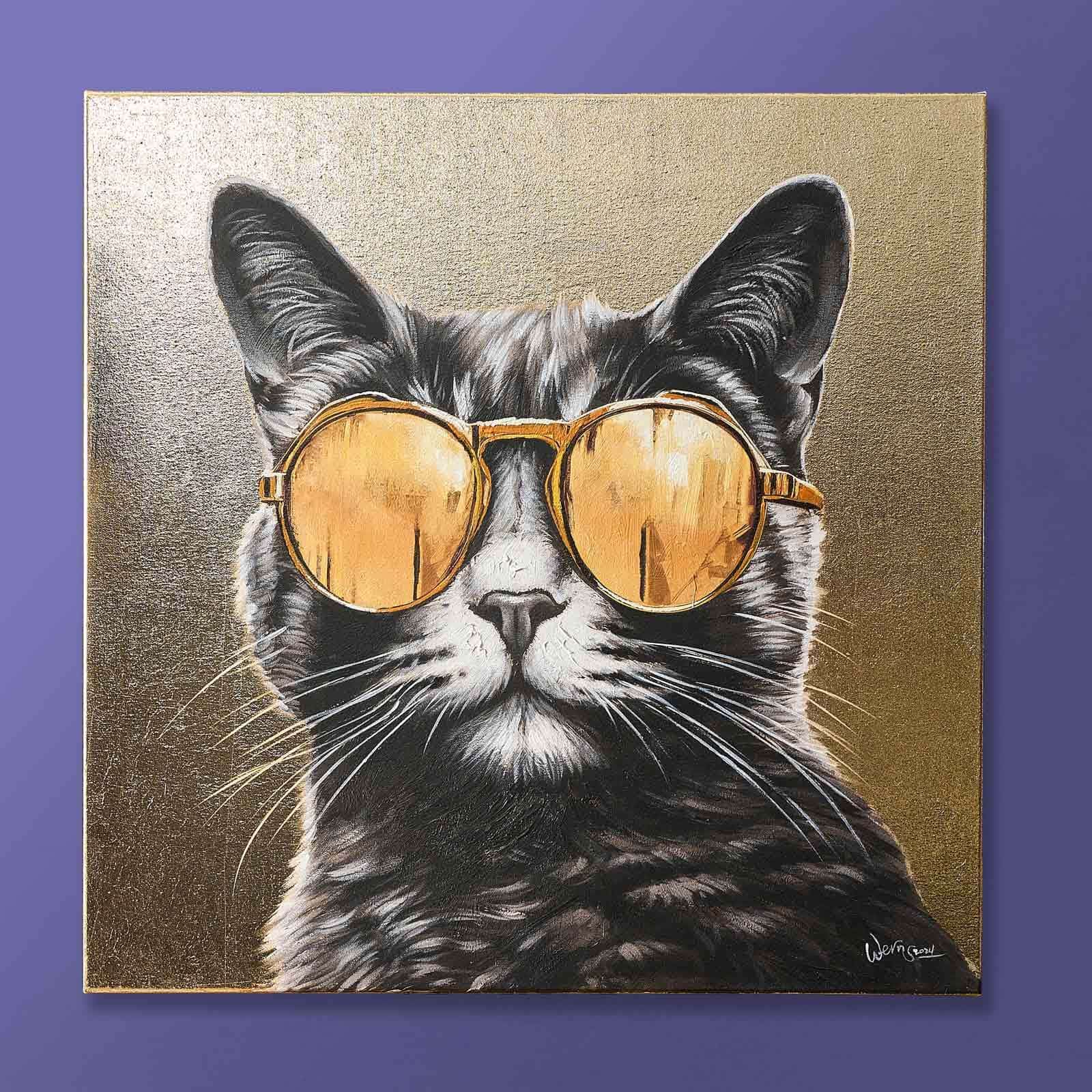 Gemälde Cool Cat m. Katzenmotiv, handgemalt, gold-schwarz-weiß