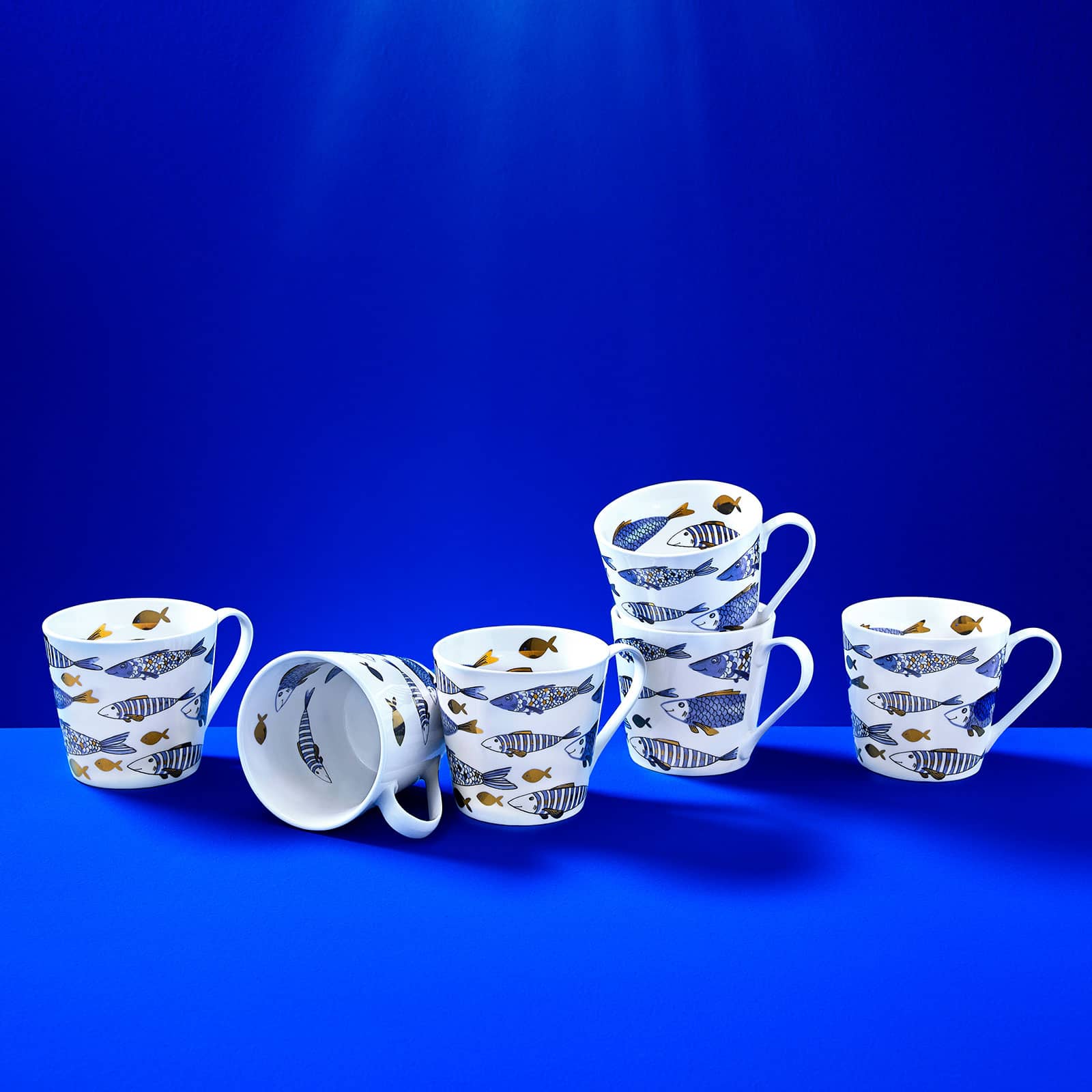 Set of 6 coffee mugs Blue Fish, blue-gold, gold plating, New Bone, 400 ml