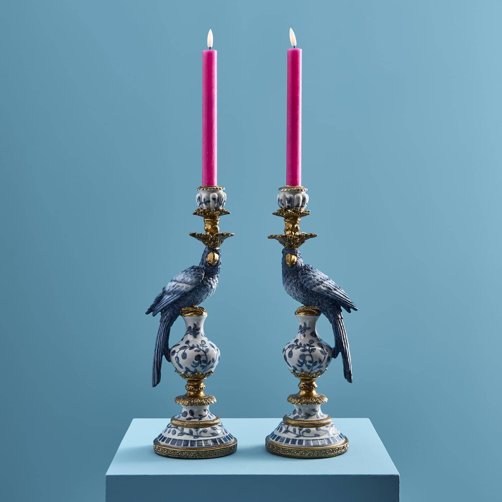 Set of 2 candle holders parrot, blue-white-gold