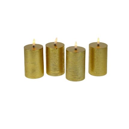 Set de 4 bougies LED, cire véritable, flamme 3D, or, plastique/cire, 6,5x10cm