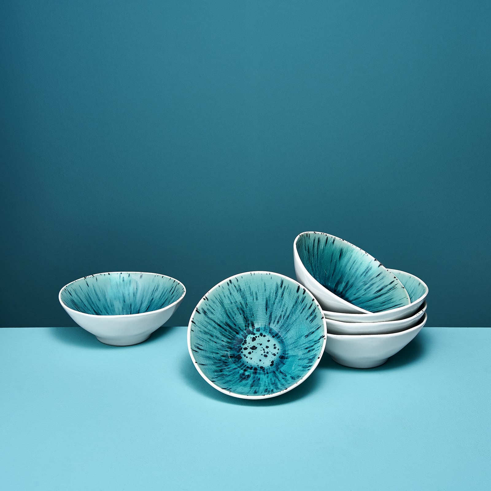 Set of 6 bowls Aquamarin, white/turquoise, stoneware, 15x5.5 cm