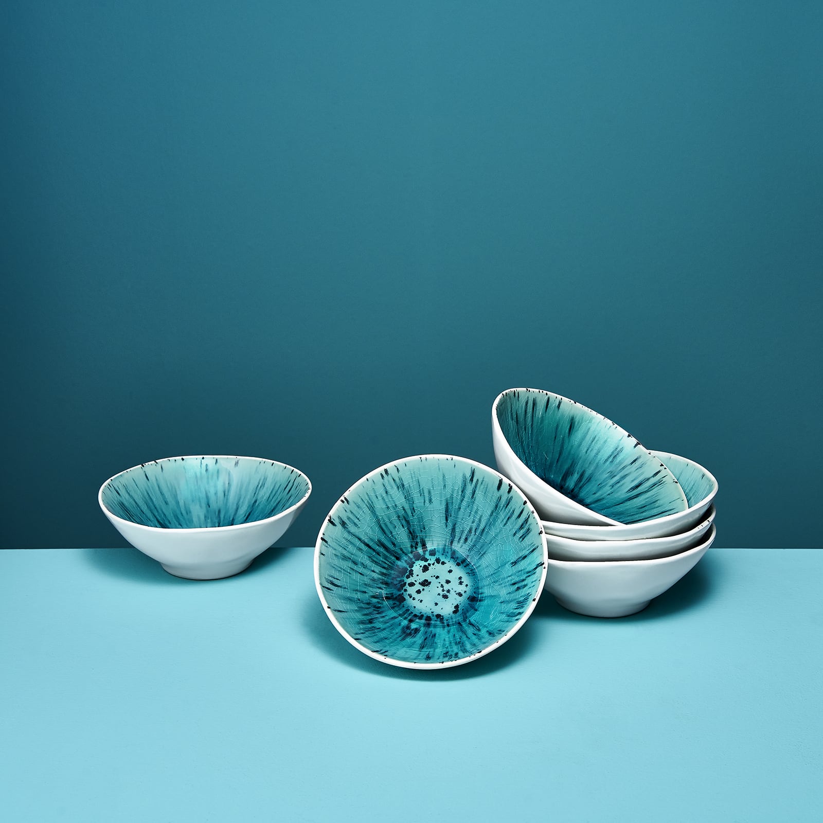 6er Set Schälchen Aquamarin, weiß/türkis,  Steingut, 15x5,5 cm