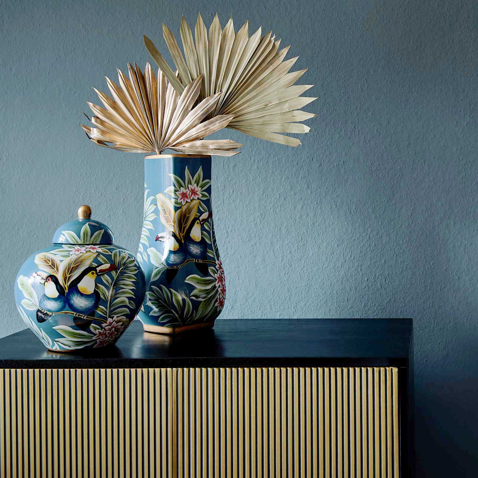 Vase Jungle / Tukan / Tropics, blau, handbemalt, glasiert, Porzellan, 15,5x35 cm