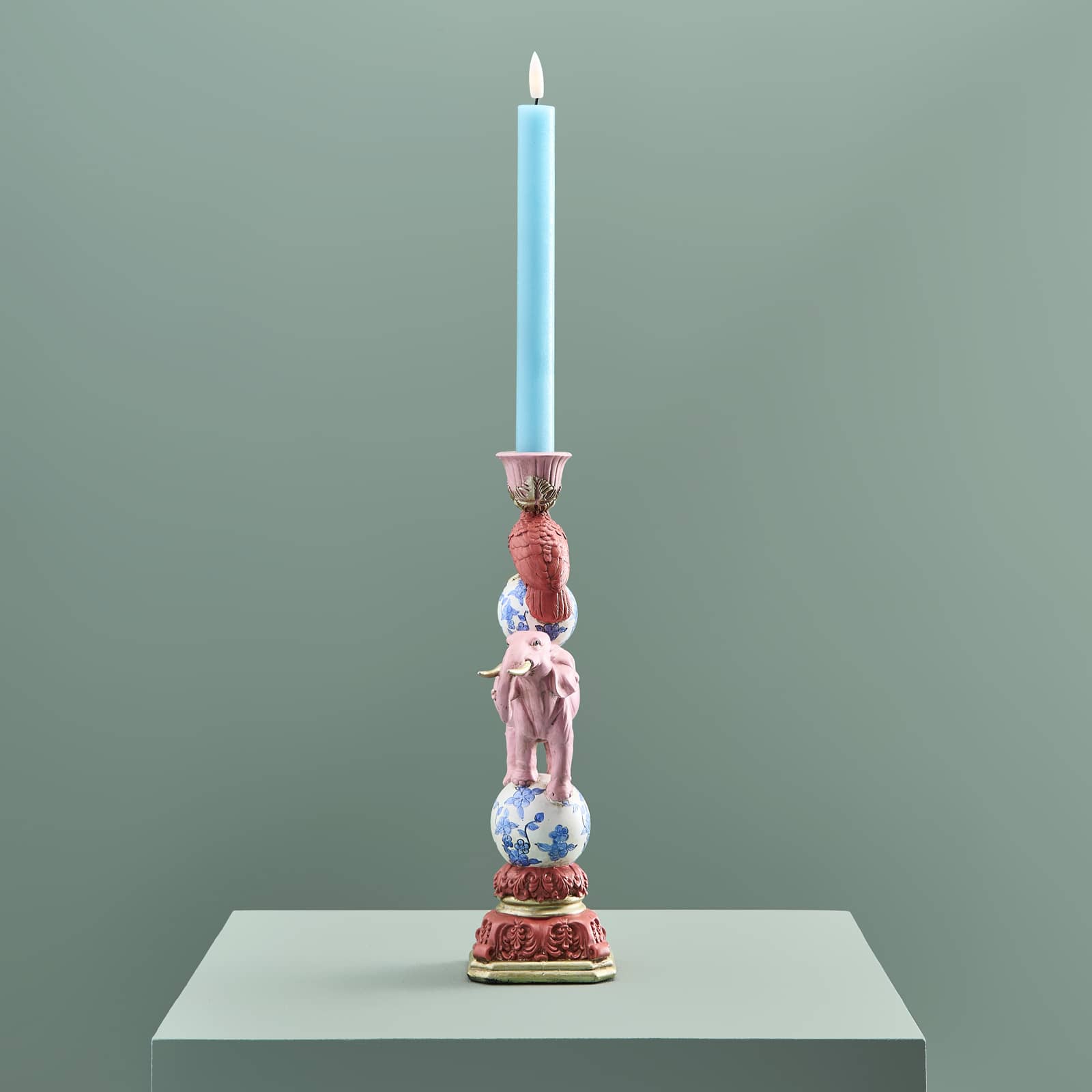 Candle holder parrot on elephant, pink-blue-white