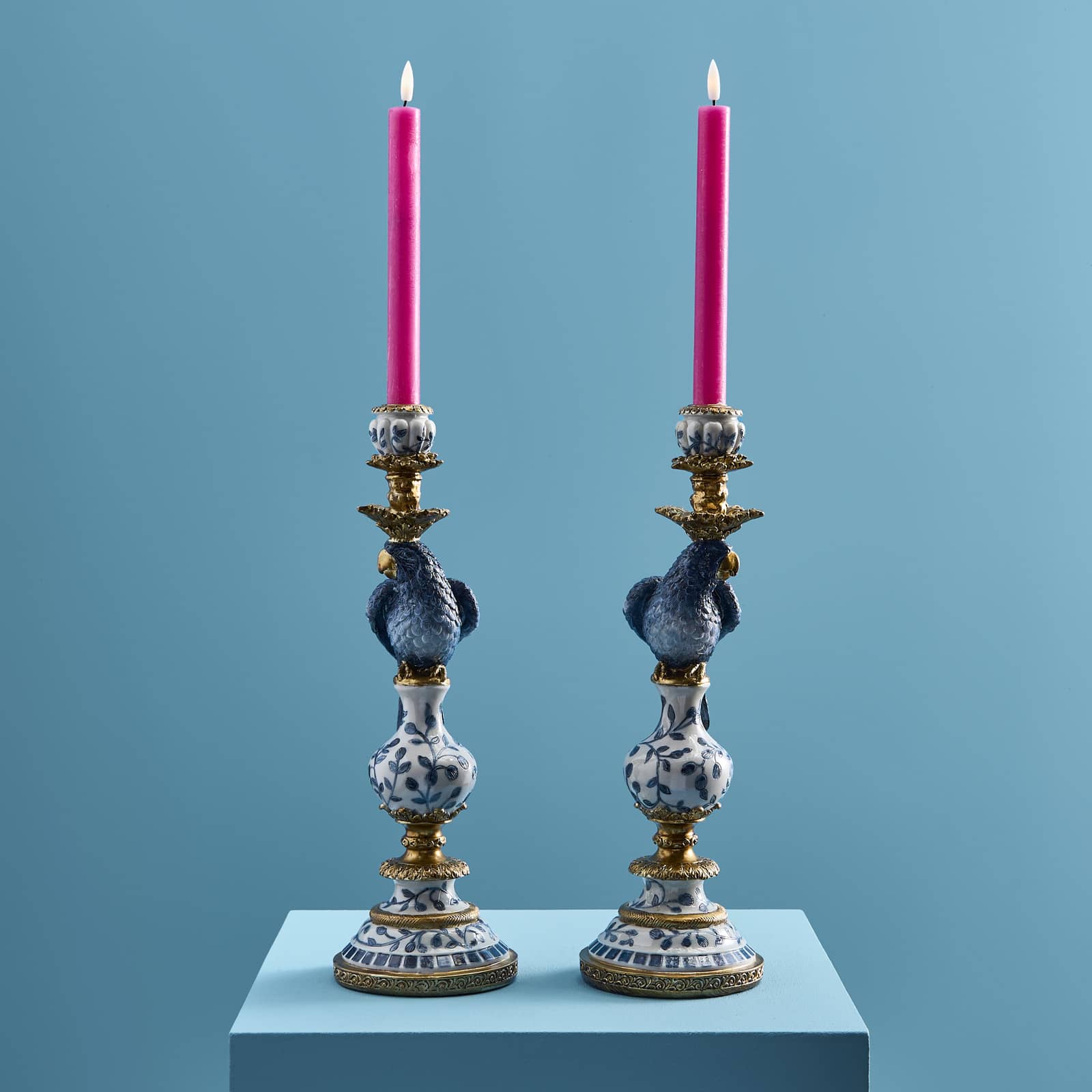 Set of 2 candle holders parrot, blue-white-gold