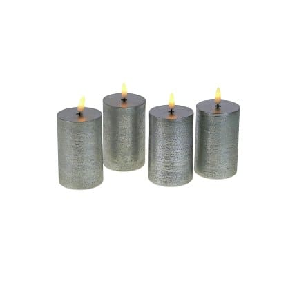 Set of 4 LED candles, real wax, 3D flame, silver, plastic/wax, 6.5x10cm