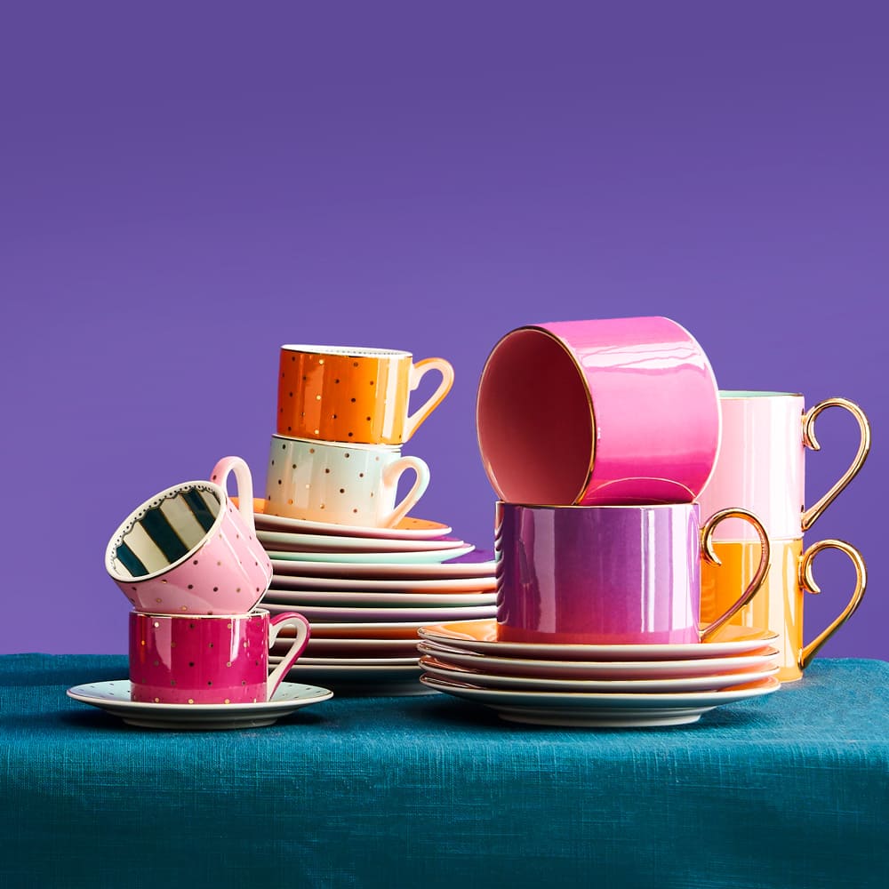 Set of 4 Fancy Colors cup with saucer