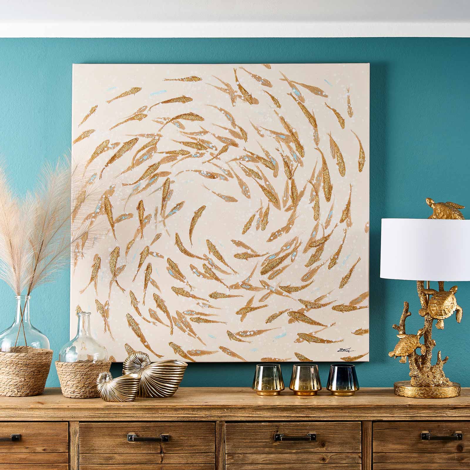 Cuadro banco de peces, blanco dorado, pintado a mano, acrílico sobre lienzo, 100x100cm