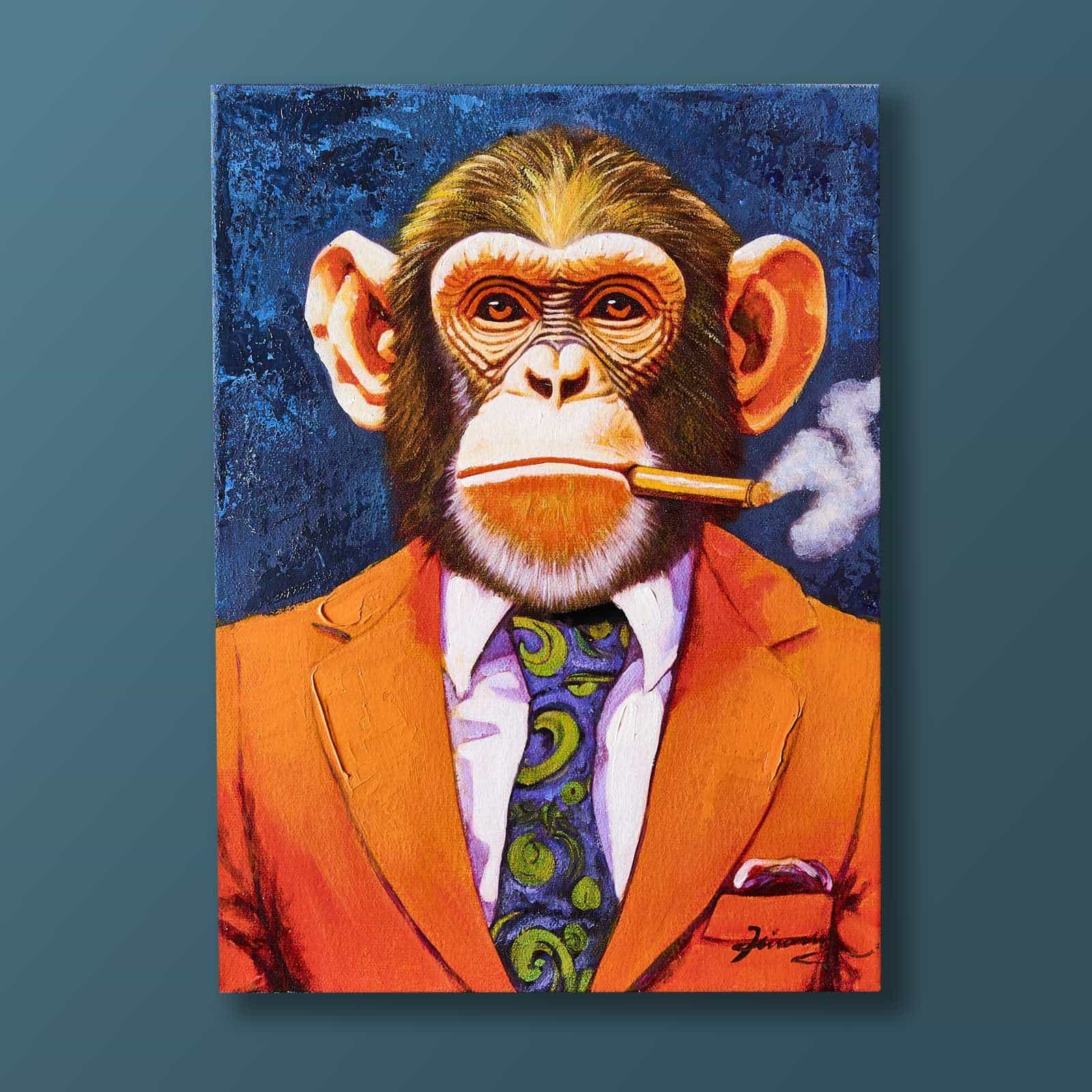 Tableau Business Monkey avec motif de singe, peint à la main, orange-bleu foncé