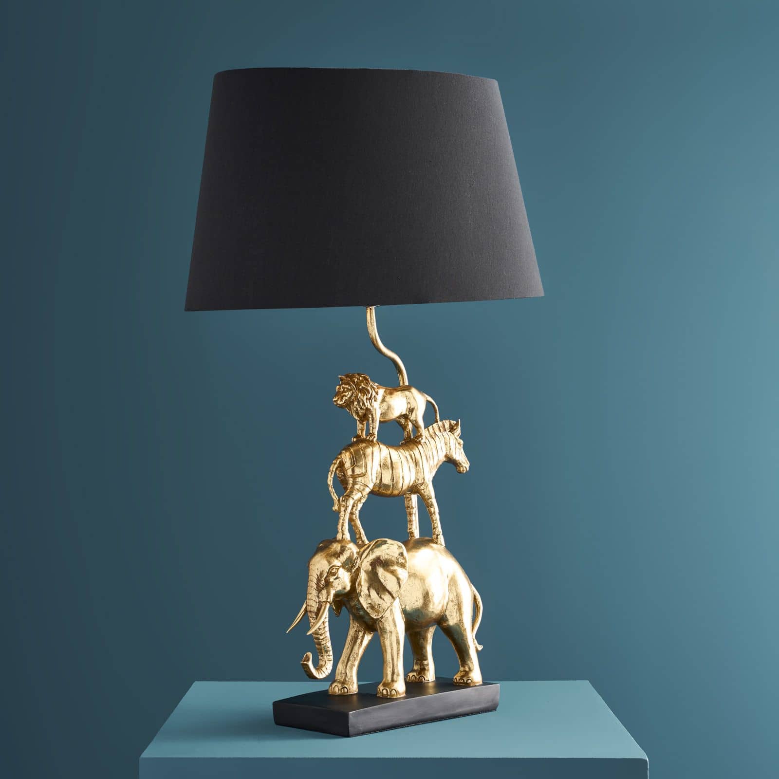 Table lamp Safari with lion, zebra, elephant, gold