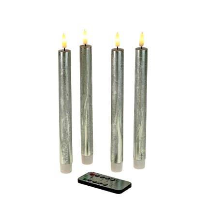 Set of 4 LED candles, real wax, silver, wax/plastic, H. 24.5 cm