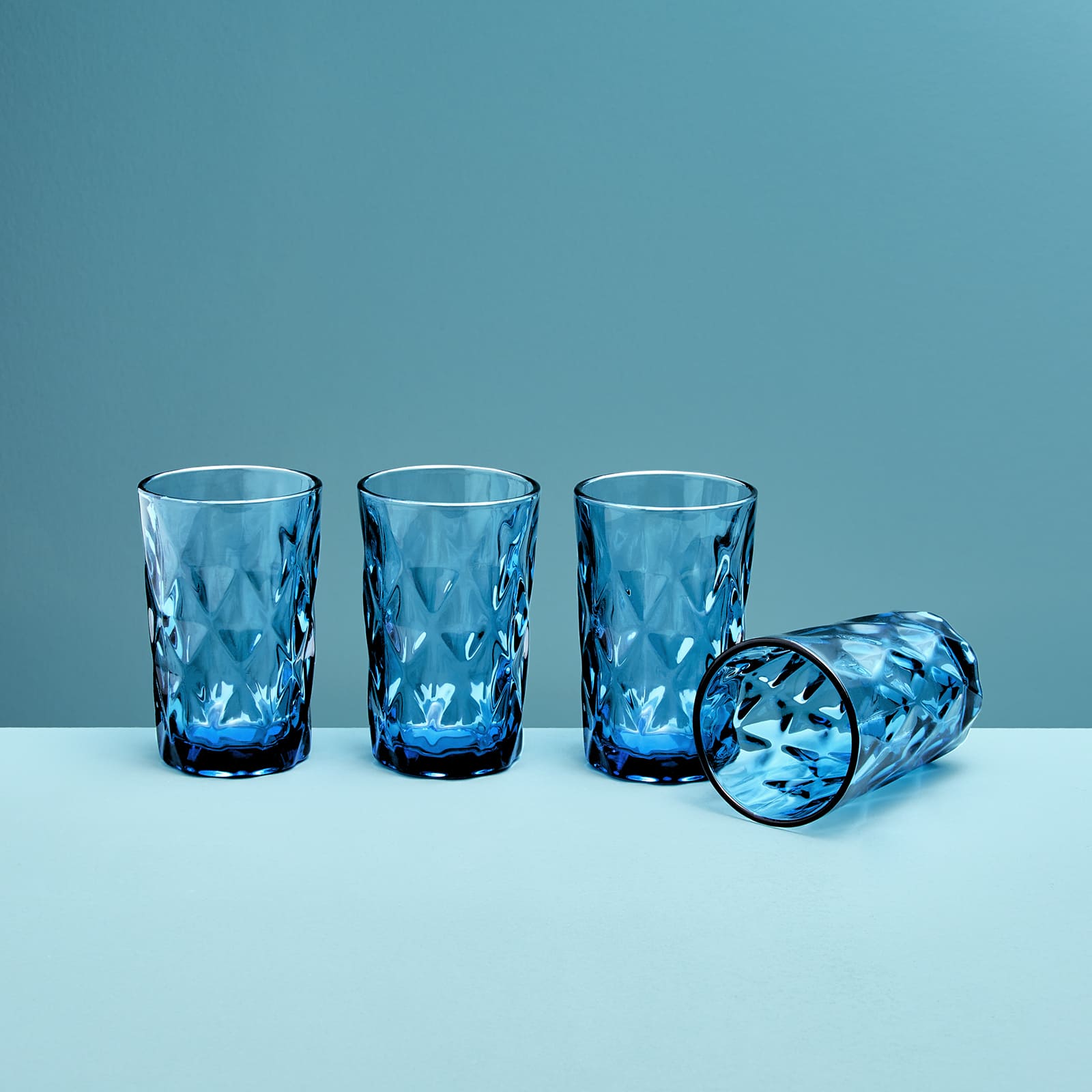 Juego de 4 vasos básicos largos, azul, vidrio, 8 x 13 cm