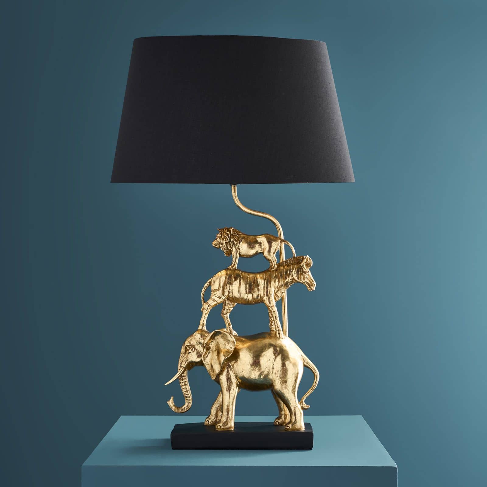 Table lamp Safari with lion, zebra, elephant, gold
