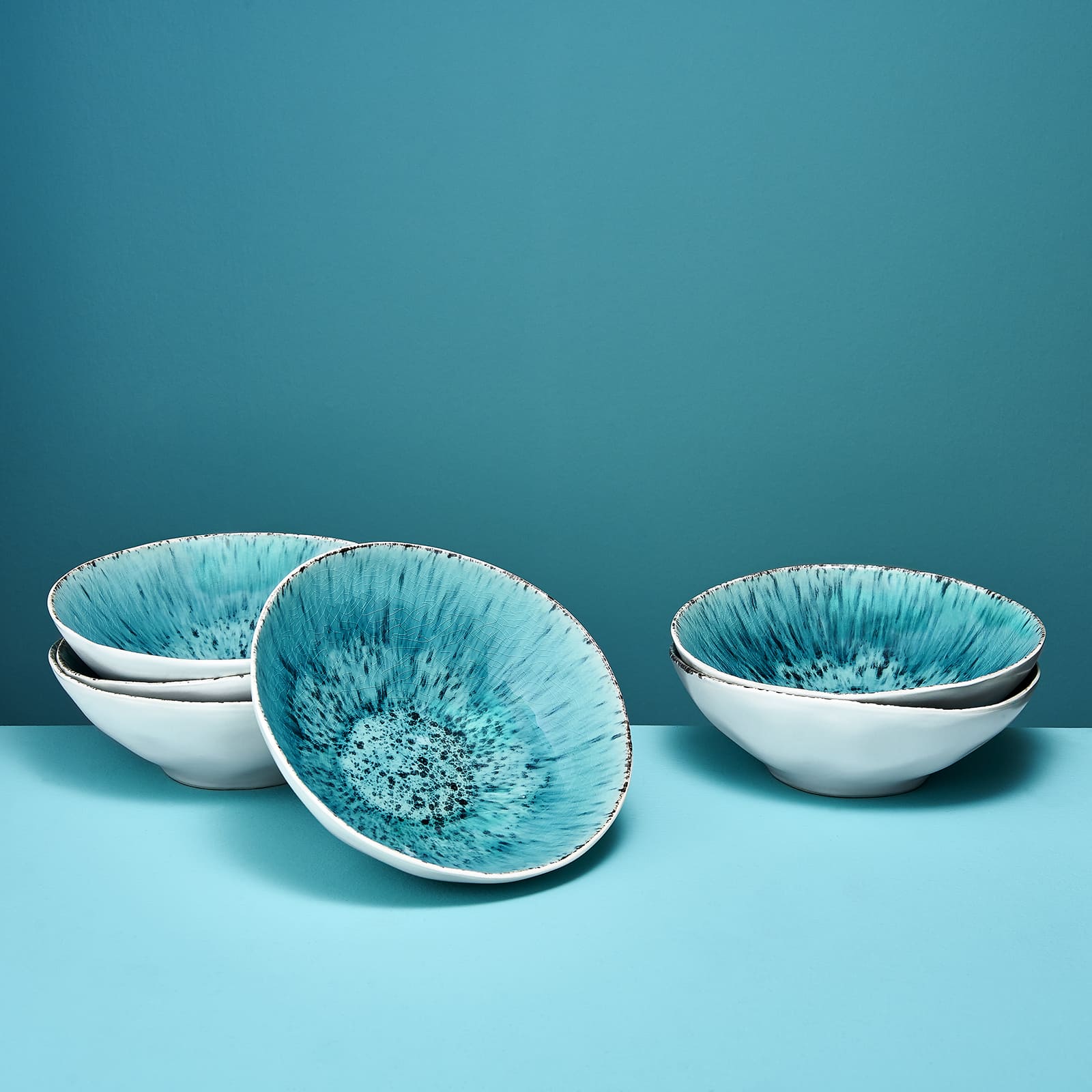 Set of 6 soup plates Aquamarin, white/turquoise, stoneware, 19.5x6.5 cm