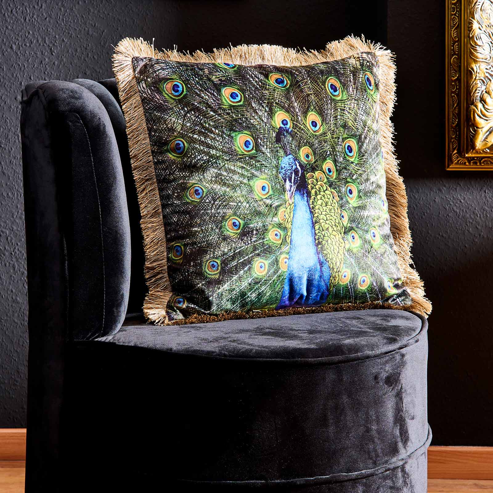 Coussin en velours paon Peacock, vert-or, 45x45 cm, avec franges, polyester, rembourrage inclus