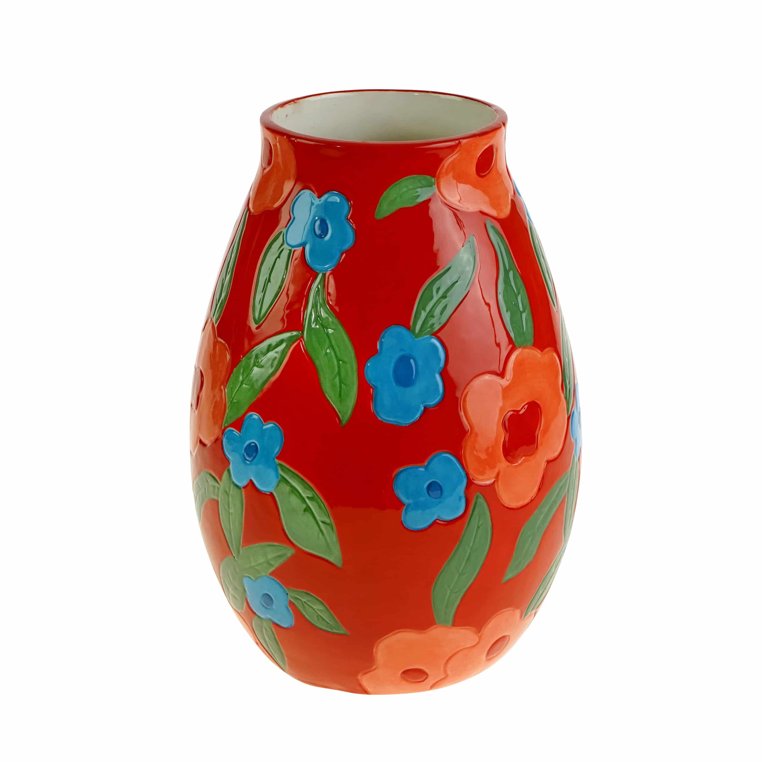 Vase Flores m. Blumenmotiv, rot-blau-grün, handbemalt