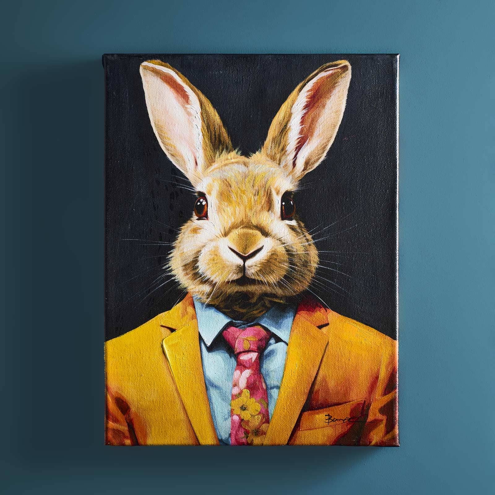Gemälde Business Rabbit m. Hasenmotiv, handgemalt, gelb-blau
