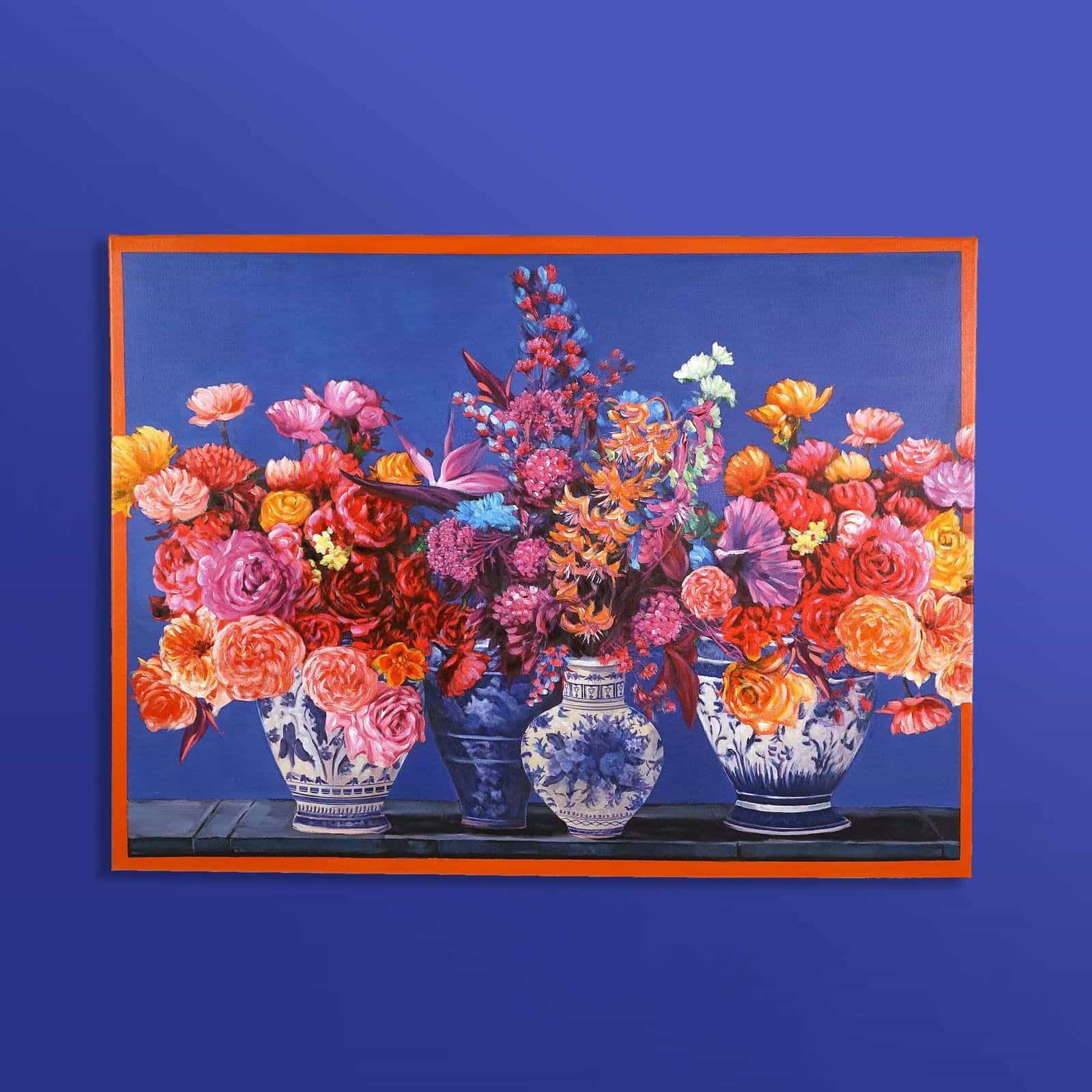 Painting Dutch Flowers with floral motif, hand‑painted, blue‑orange‑multicolour