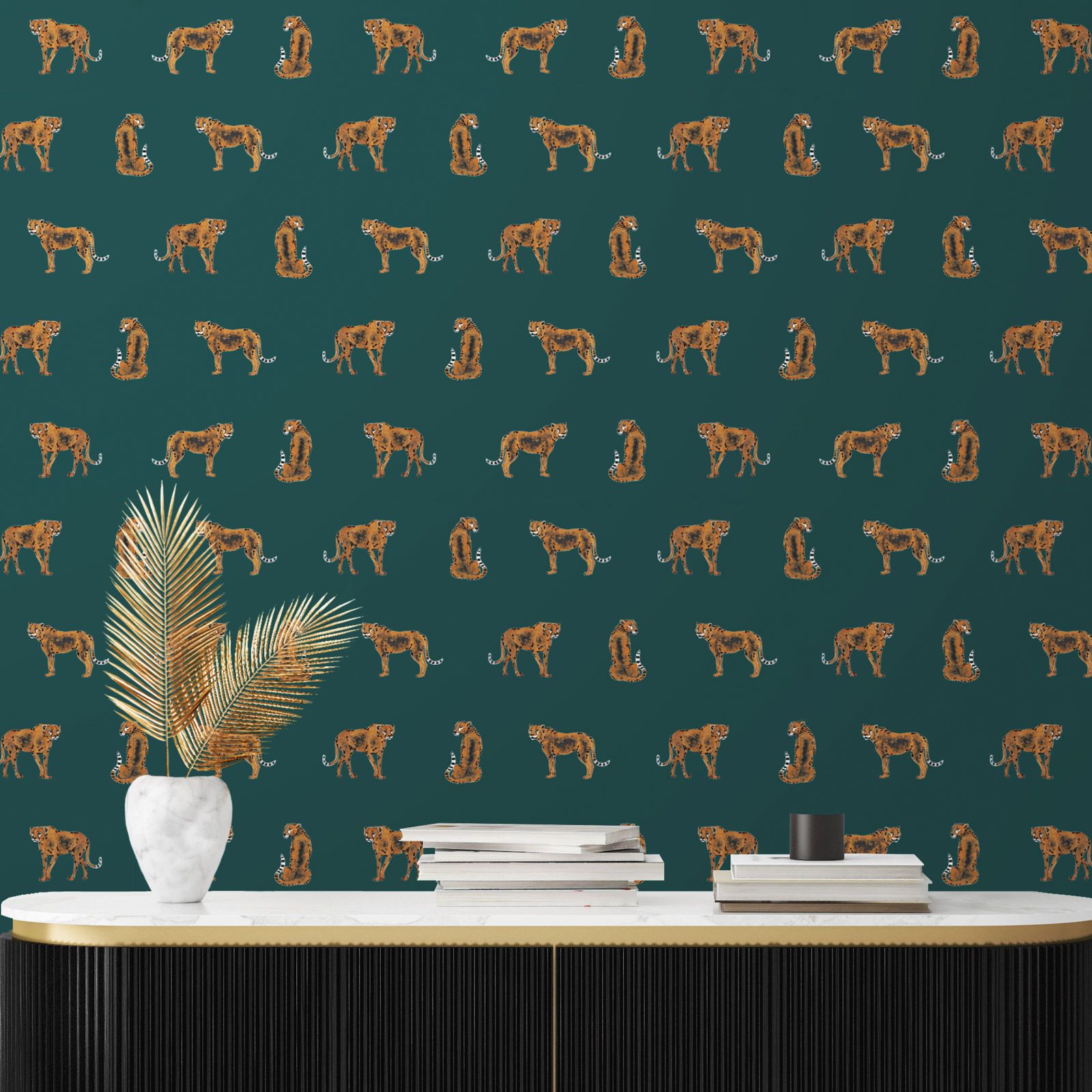 wallpaper leopard Leopold, green, non-woven wallpaper, made & designed in Germany 150 g/sqm, 0.53x10.05 m