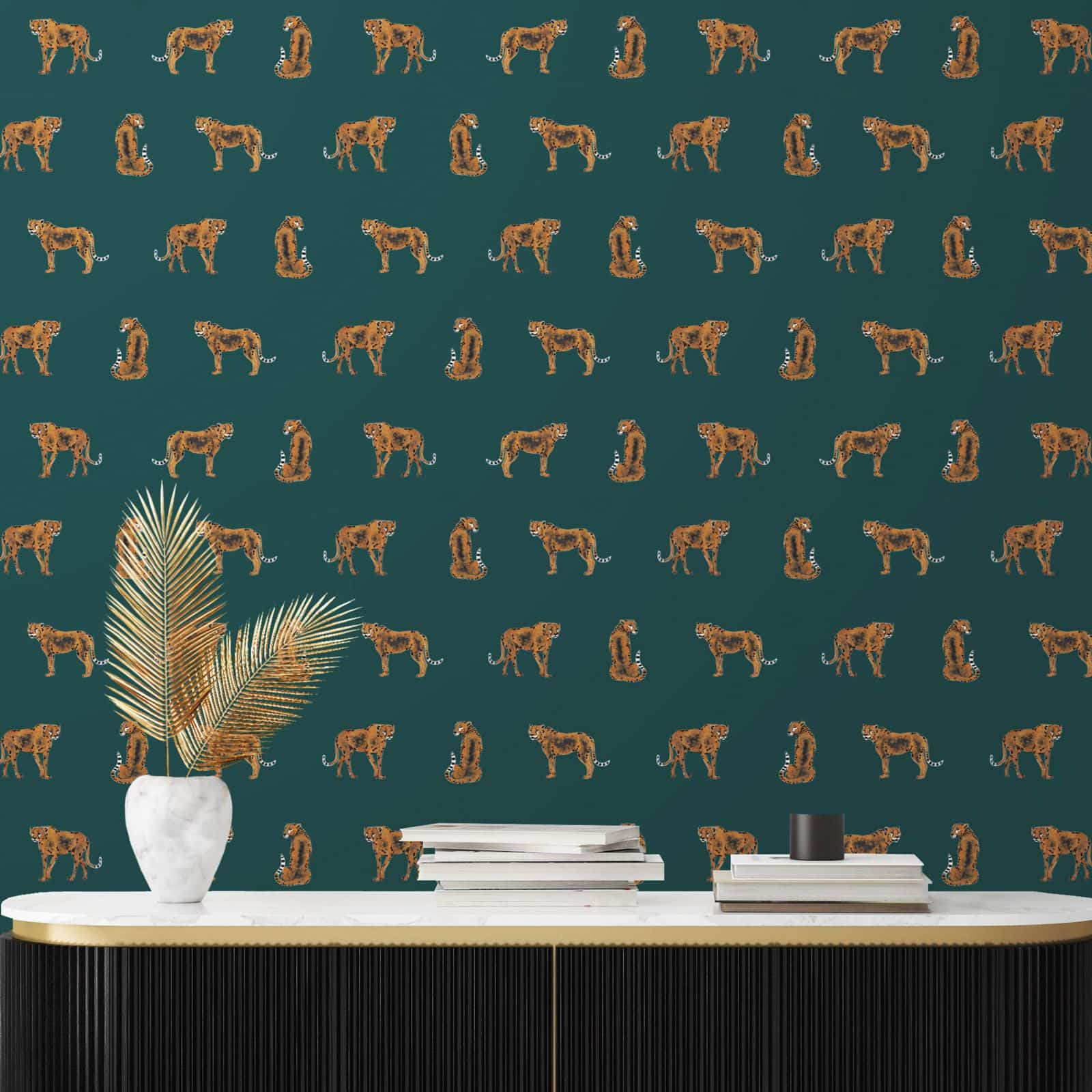 Papel pintado tejido no tejido Leopardo Leopold, verde