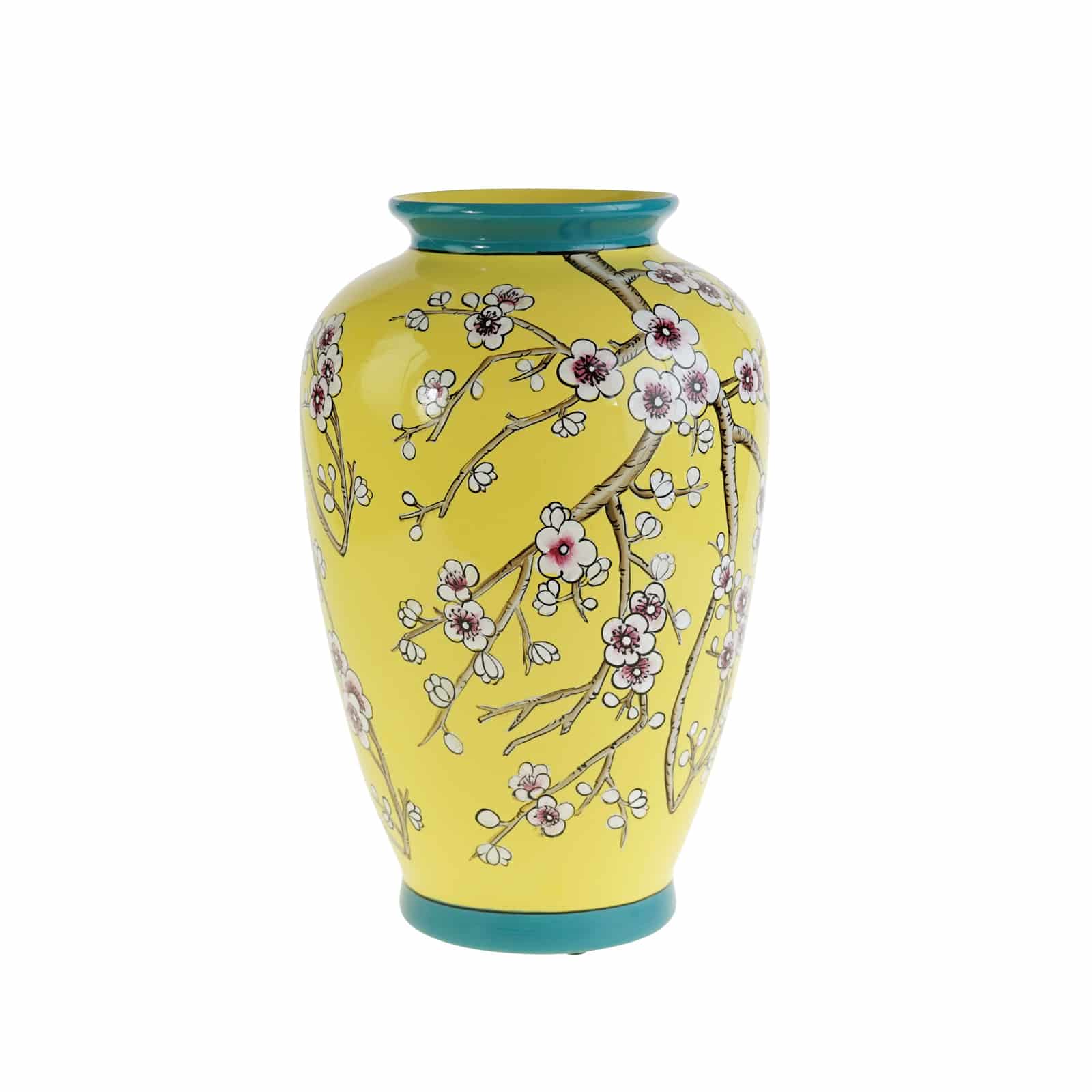 Vaso di fiori di ciliegio Sakura, motivo floreale, giallo-blu, dipinto a mano, smaltato, porcellana, 19x30,5 cm