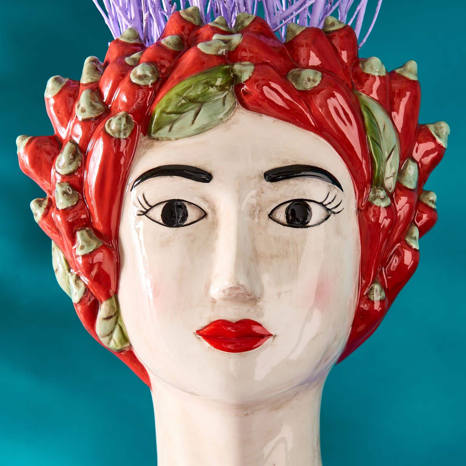 Busto siciliano di donna / vaso decorativo Chili Lady, rosso-verde, dipinto a mano