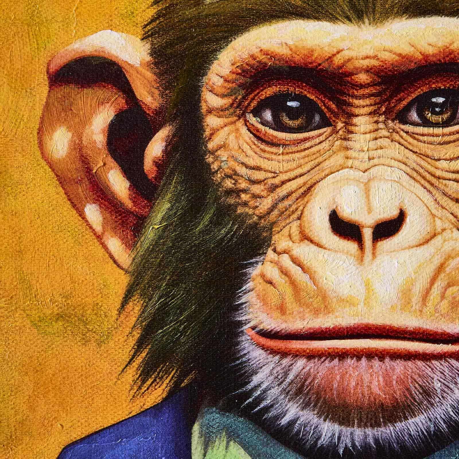 Gemälde Business Monkey m. Affenmotiv,  handgemalt, blau-mehrfarbig-orange
