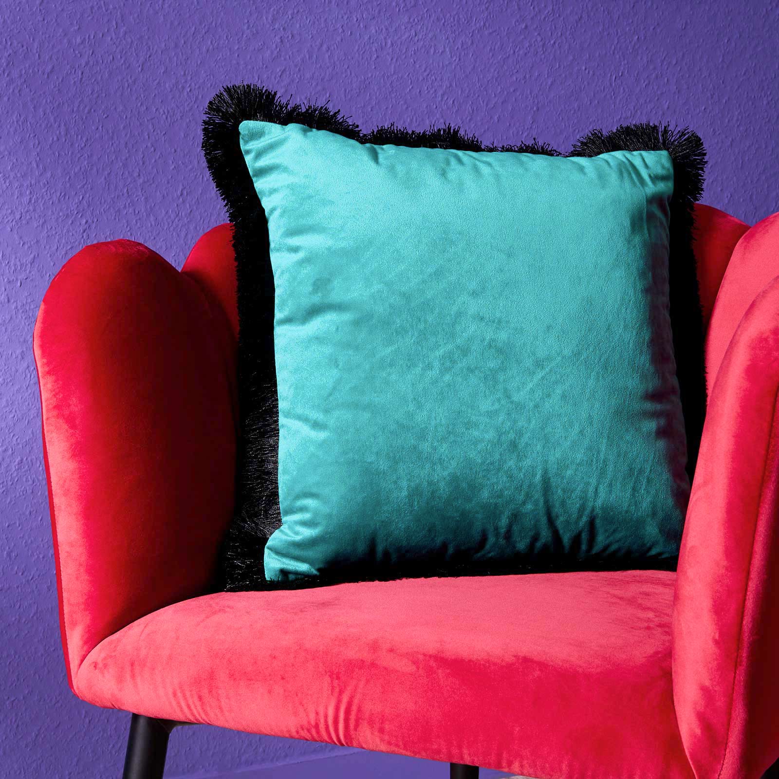 Velvet Cushion, turquoise-black, polyester, 45x45 cm, with black fringes, including filling, washable