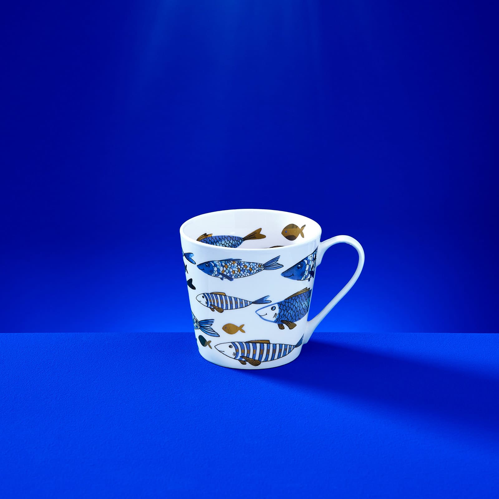 Set of 6 coffee mugs Blue Fish, blue-gold, gold plating, New Bone, 400 ml