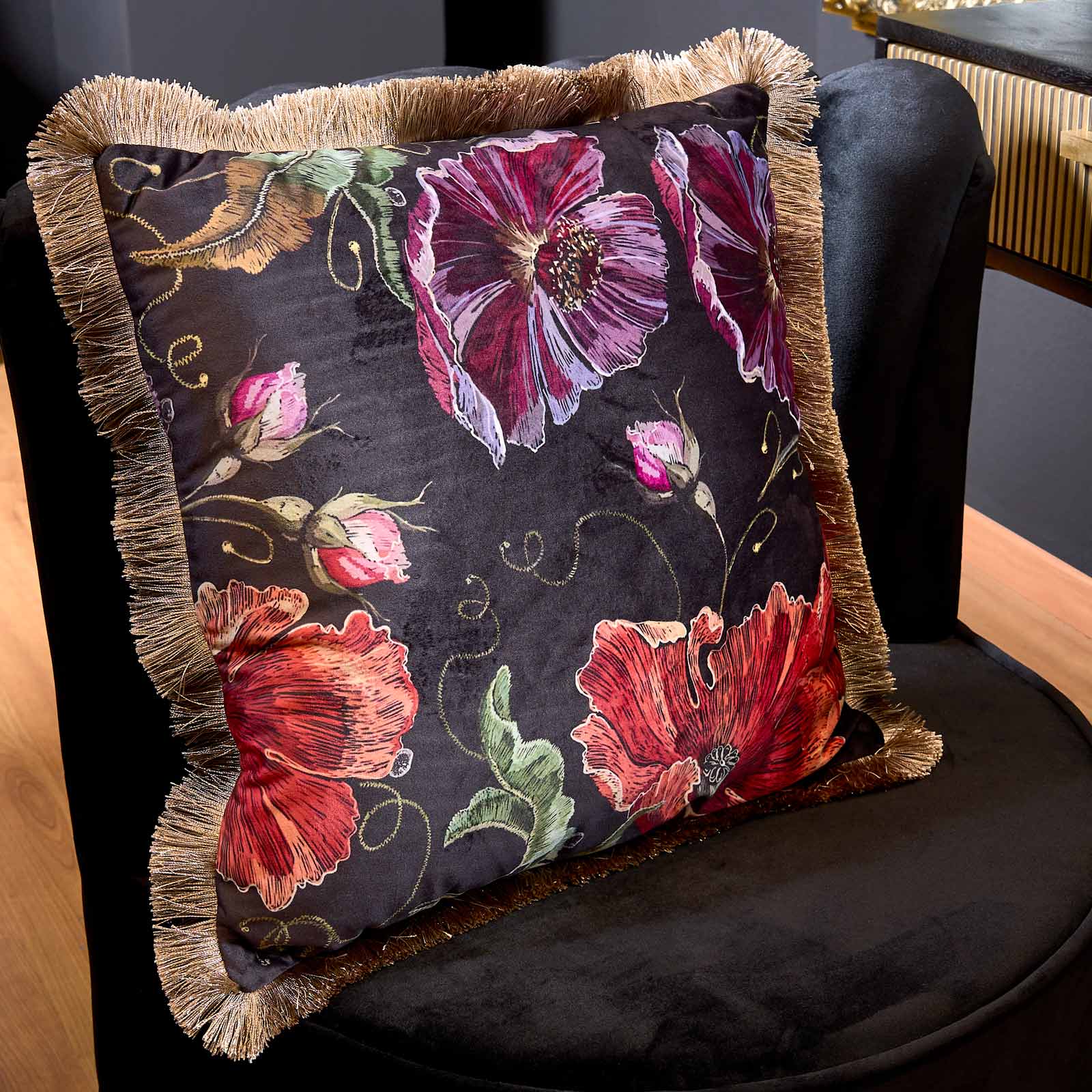 Velvet cushion with floral motif, black-red-purple, 45x45 cm, with fringes, polyester, including filling