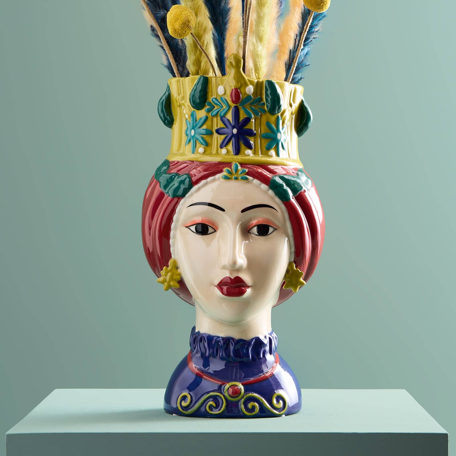 Busto de mujer siciliana / jarrón decorativo Letizia, rojo-amarillo, pintado a mano