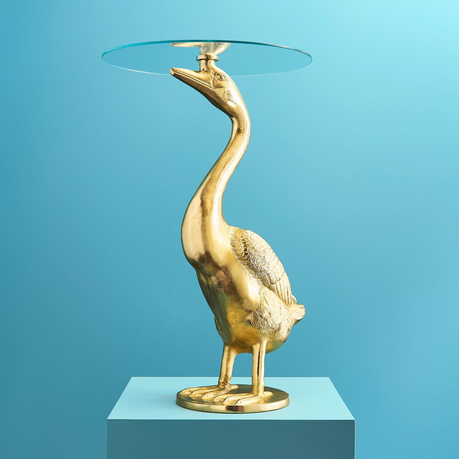 Beistelltisch Ente / Gans Gina, gold, Aluminium/Glas, 56x46x76 cm