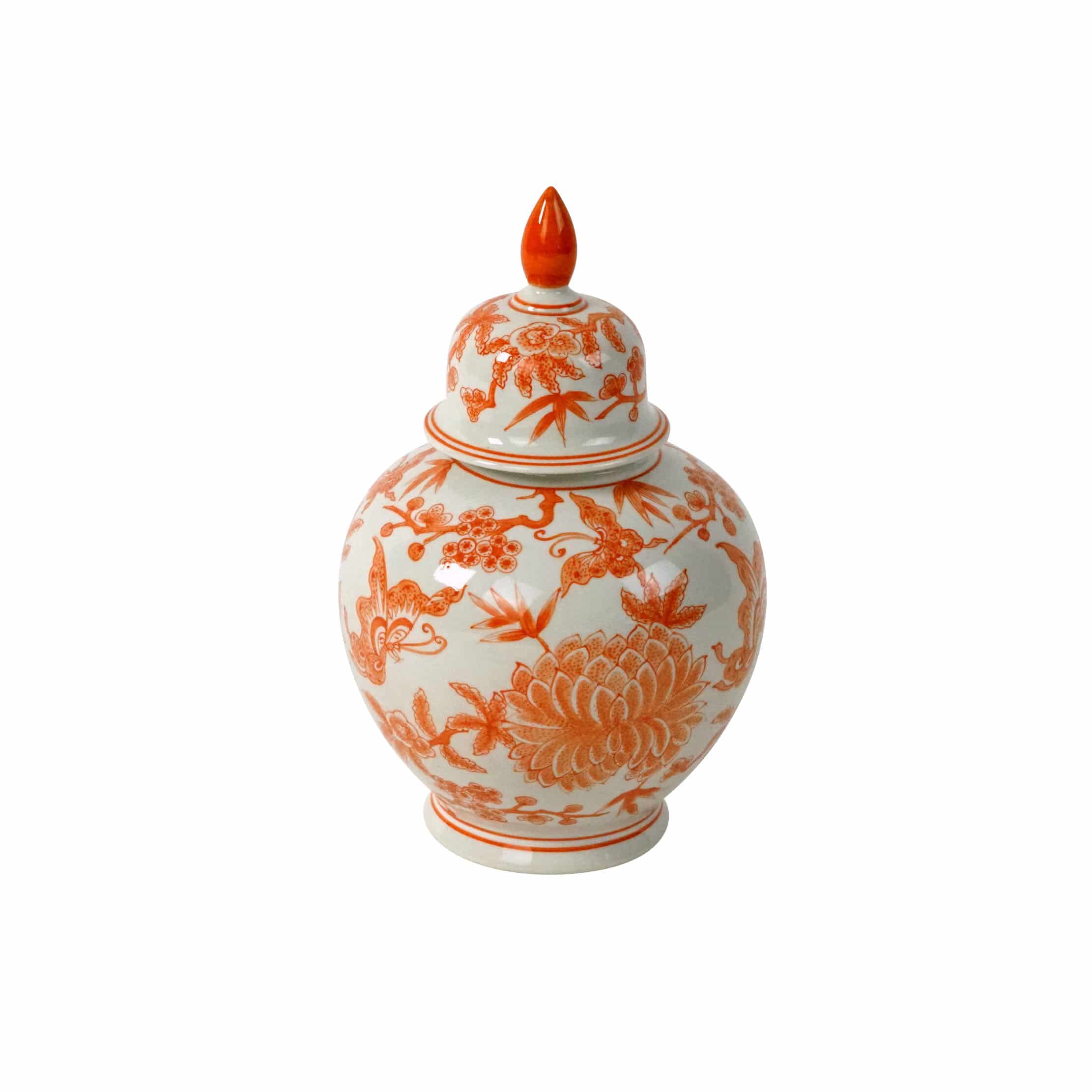 Jarrón con tapa Jardin con motivo floral, blanco-naranja, pintado a mano, porcelana