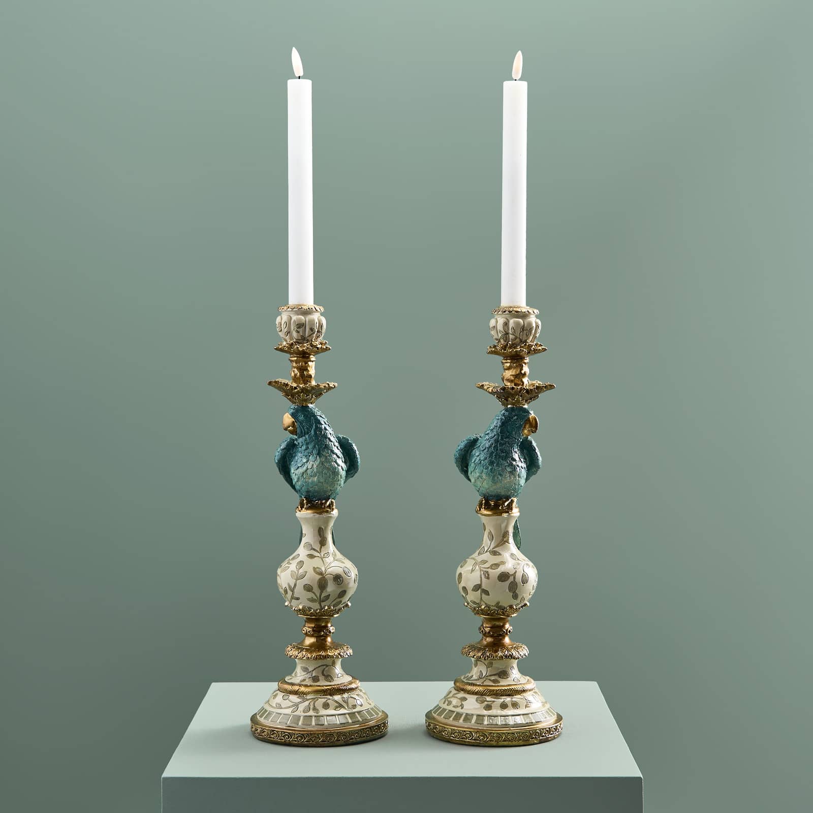 Set of 2 parrot candle holders, turquoise-white