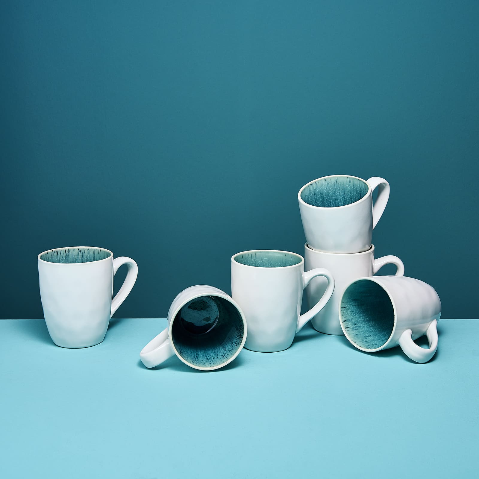 Set of 6 coffee mugs / tea mugs Aquamarin, white/turquoise, earthenware, 250 ml