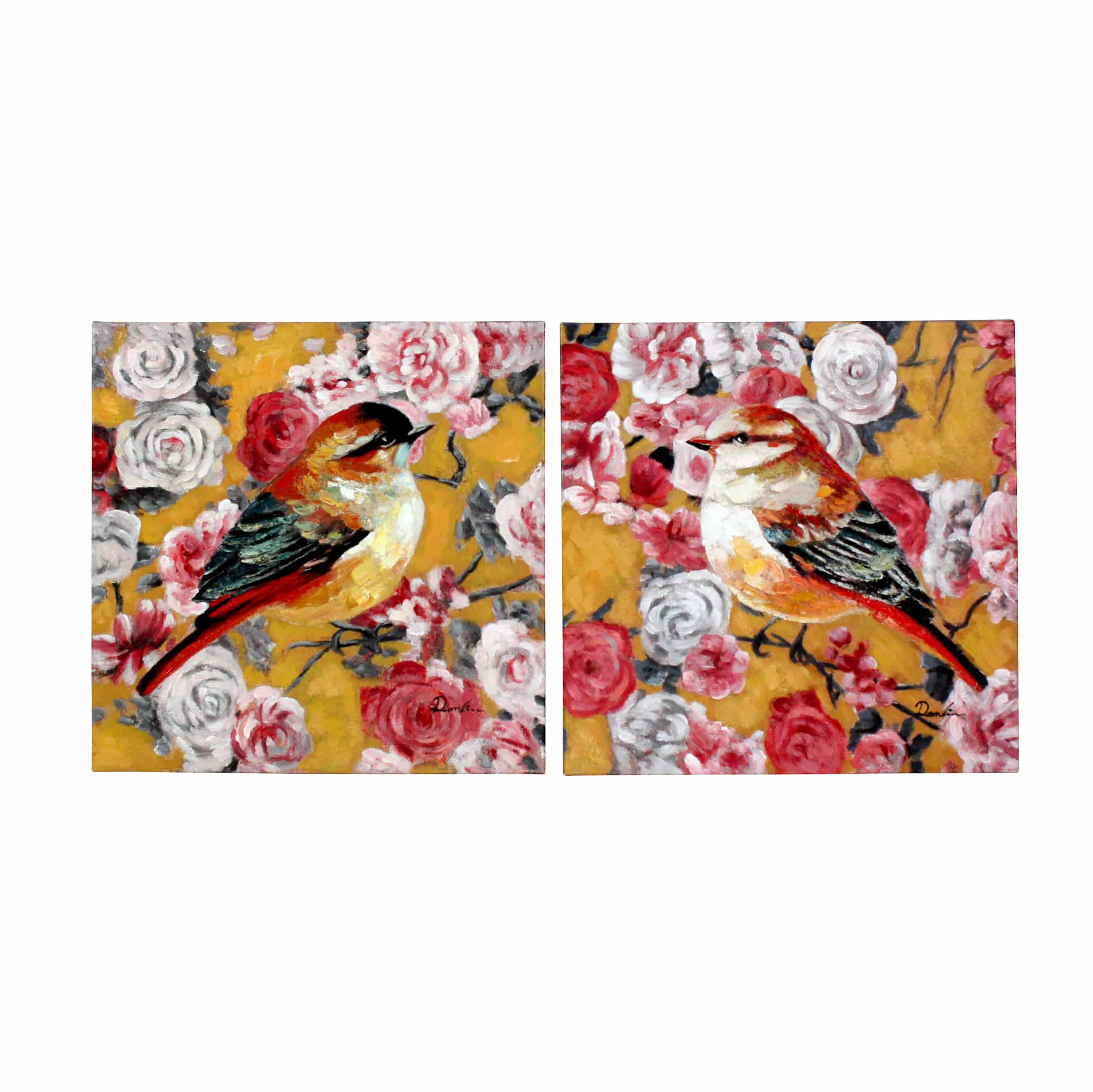 2er Set Gemälde Vögel m. Blumenmotiv Birdy, bunt, handgemalt