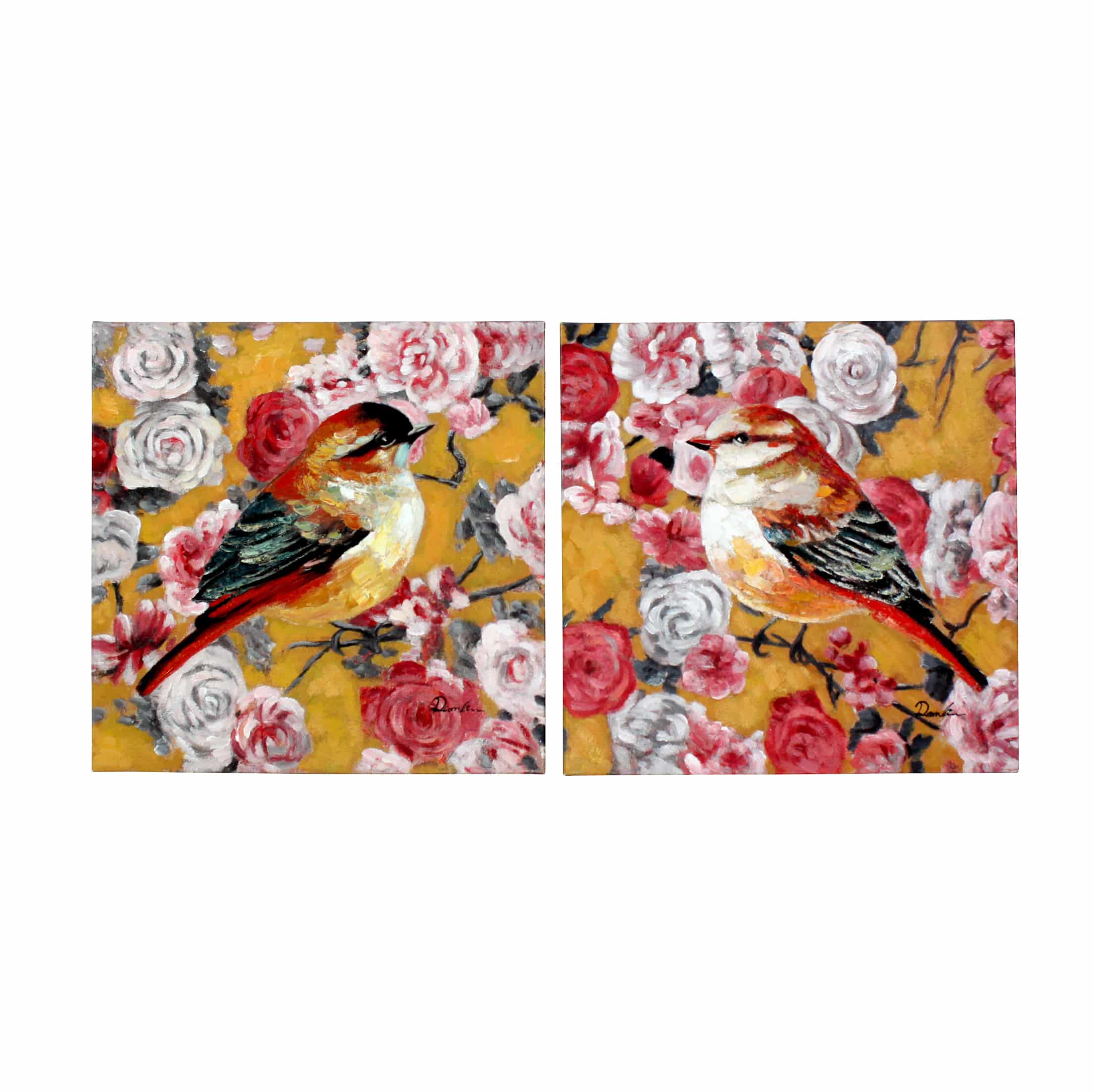 Ensemble de 2 tableaux oiseaux avec motif floral Birdy, coloré, peint à la main