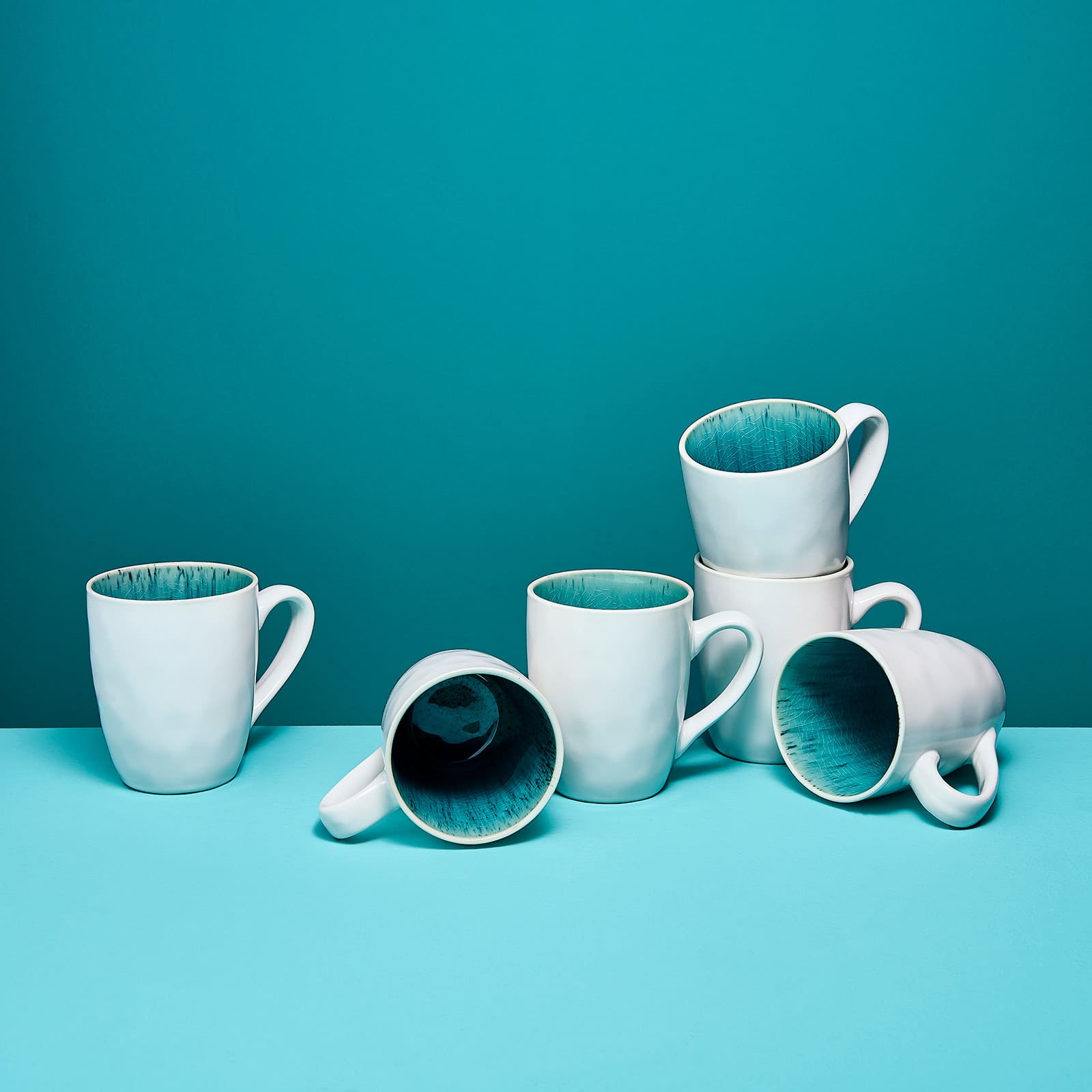 Set de 6 mugs à café / mugs à thé Aquamarin, blanc/turquoise, faïence, 250 ml