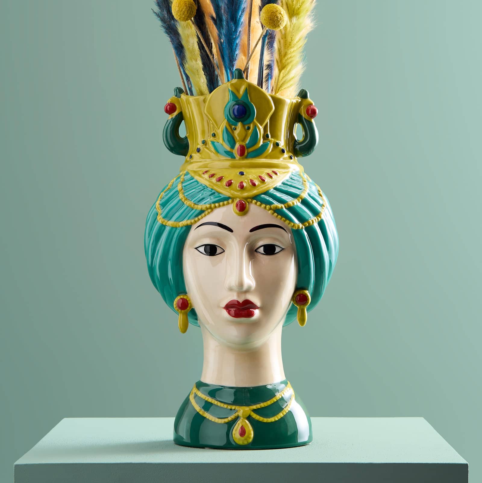 Busto siciliano di donna / vaso decorativo Estefania, verde-giallo, dipinto a mano