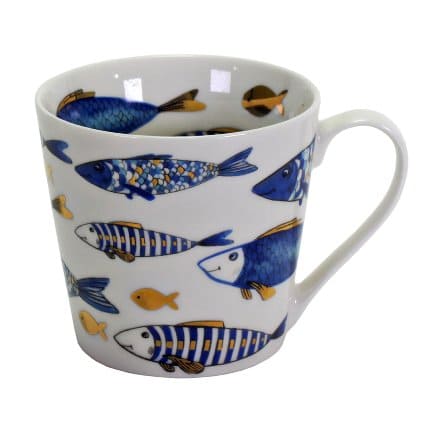 Set of 6 coffee mugs Blue Fish, blue-gold, gold plating, New Bone, 400 ml