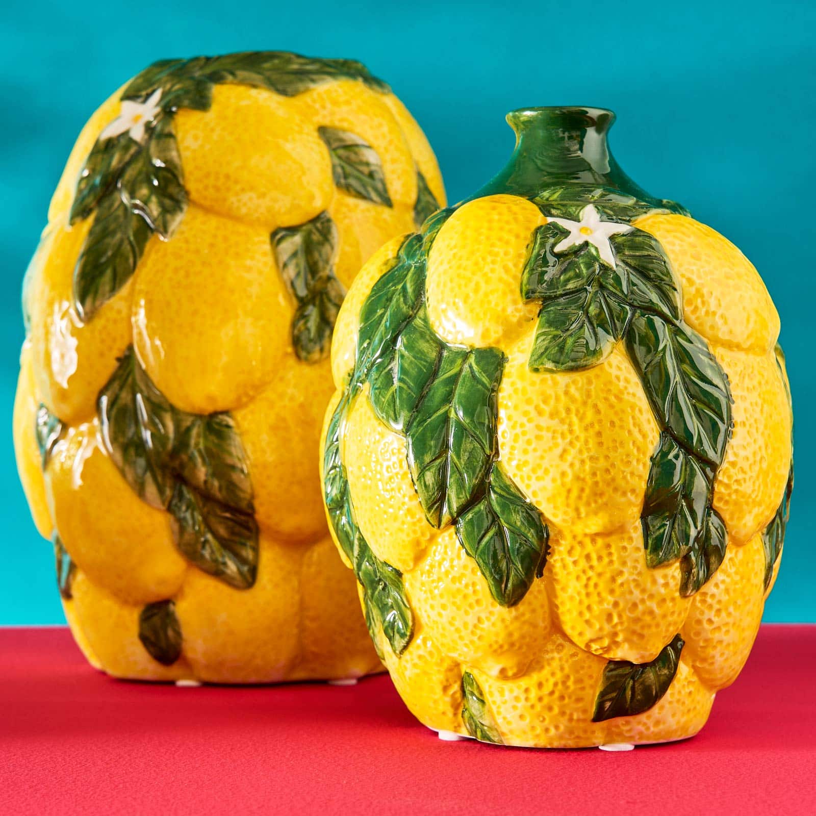 Vaso decorativo Lemons, limone con foglie, giallo-verde, dipinto a mano