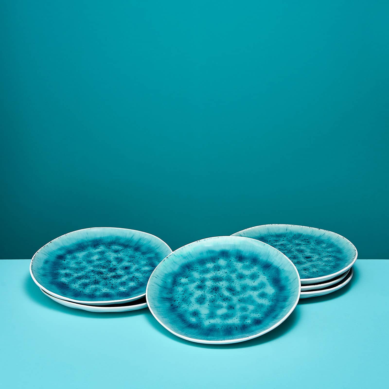 Set van 6 dessertbordjes Aquamarin, wit/turquoise, aardewerk, D. 20,5 cm